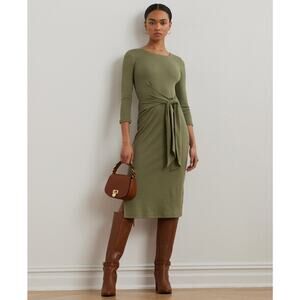 Lauren Ralph Lauren Tie-Front Cotton-Blend Crewneck Dress Green Size S 2162